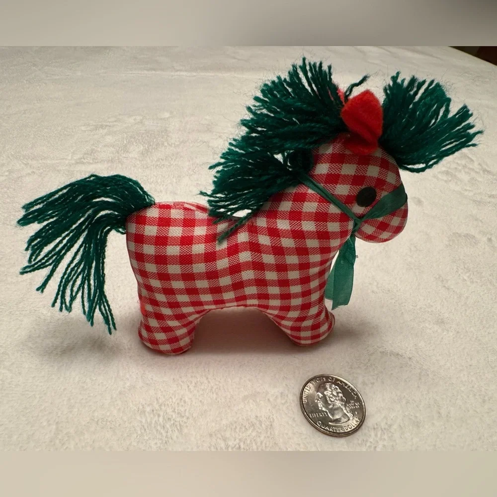 Vintage Christmas Pony Stuffed Animal Plaid Red, White And Green